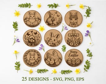25 Easter Coaster SVG Bundle, Easter Bunny Coaster Svg, Easter Png Laser Engrave, Glowforge xTool CNC Cut, Happy Easter Svg, Engraving file