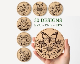 30 Butterfly Floral Coaster SVG Bundle, Butterfly Coaster Svg, Spring Png Laser Engrave, Glowforge xTool CNC Cut, Spring Decor, Engraving