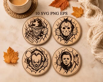 Horror Coffee Coasters SVG Bundle, Horror Characters Breaking Through Wall, Halloween Laser Engraving Files, Glowforge xTool CNC, Home Decor