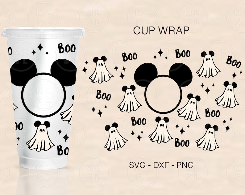 May include: A white cup wrap with a black and white design featuring Mickey Mouse ears, ghosts, and the word "Boo" repeated throughout. The design is perfect for Halloween parties or events.
