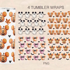 Peut inclure: Quatre designs diff&eacute;rents pour des emballages de gobelets avec un th&egrave;me d'Halloween avec des citrouilles, des fant&ocirc;mes, des chauves-souris et des oreilles de Mickey. Les motifs sont dans un style aquarelle avec un fond blanc.
