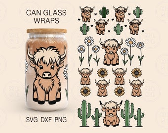 Highland Cow with Cactus Can Glas Wrap Svg, 16oz Can Glass Wrap Template, Cactus Svg, Cow with flowers Svg, Wildflowers Svg, Cute Cow Svg