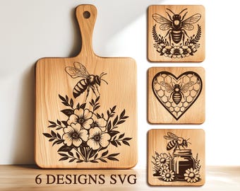 Bi skärbräda Svg, blommigt bi Png lasergravyr, Glowforge Svg, blommig laserfiler paket, honungsbi laserfiler, gravyrfil