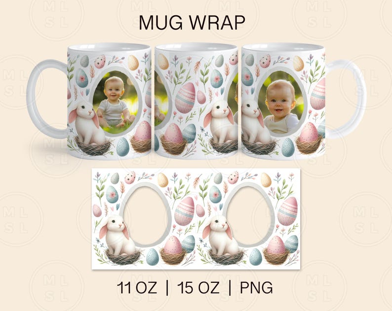 May include: A white ceramic mug with a design of pastel colored Easter eggs, bunnies, and flowers. The mug has a photo frame with a space for a picture. The mug is available in 11 oz and 15 oz sizes.