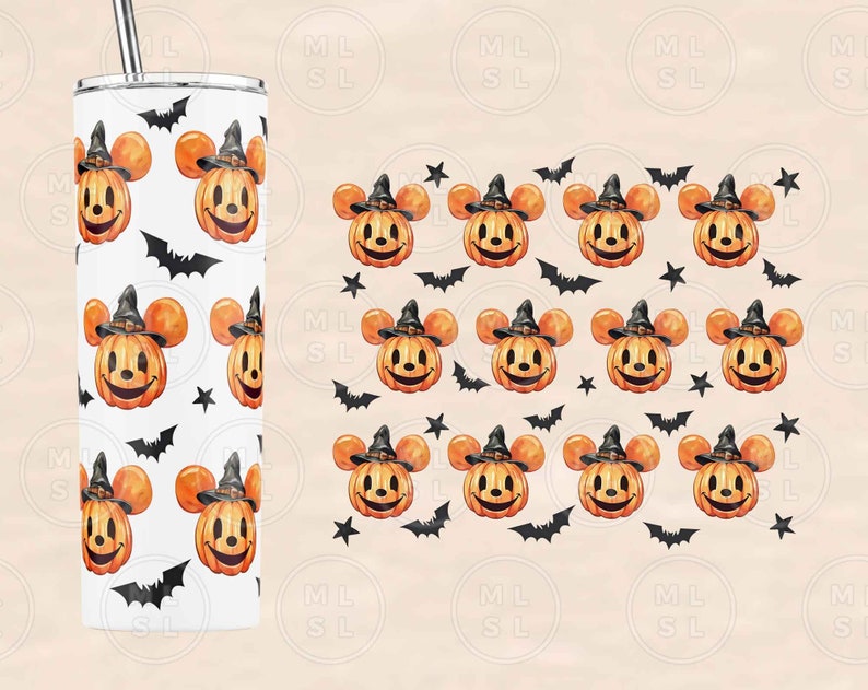 Peut inclure: Un gobelet blanc avec un motif sur le th&egrave;me d'Halloween repr&eacute;sentant des oreilles de Mickey Mouse et des citrouilles. Le motif est r&eacute;p&eacute;t&eacute; sur le gobelet.