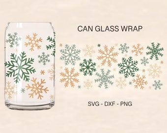 Snowflakes Can Glass Svg, Christmas Glass Wrap Svg, Snowflake Svg, Xmas Svg, 16oz Libbey, Can Glass, Files For Cricut, Libbey Template