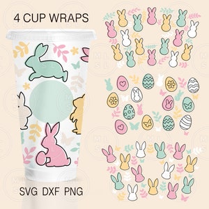 Può includere: Quattro involucri per tazze stampabili con un tema pasquale in tonalità pastello con coniglietti, uova e farfalle. Il testo "4 CUP WRAPS" è nella parte superiore dell'immagine. Il testo "SVG DXF PNG" è nella parte inferiore dell'immagine.