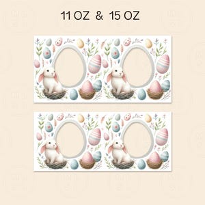 May include: Two printable Easter gift tags featuring a white bunny rabbit sitting in a nest with pastel colored eggs and flowers. The tags are for 11 oz and 15 oz containers.