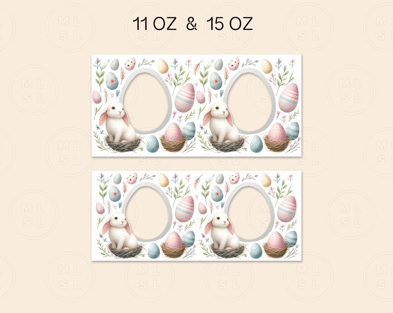 May include: Two printable Easter gift tags featuring a white bunny rabbit sitting in a nest with pastel colored eggs and flowers. The tags are for 11 oz and 15 oz containers.