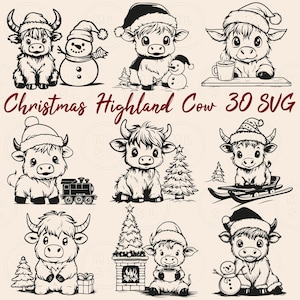 May include: A set of 30 SVG files featuring cute cartoon Highland cows dressed in festive Christmas attire. The cows are depicted wearing Santa hats, holding mugs of hot chocolate, riding sleds, and enjoying other holiday activities. The illustrations are perfect for creating Christmas crafts, cards, and decorations.