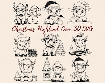 Christmas Highland Cow Svg Bundle, Highland Cow Christmas Outline SVG, Christmas Decor Png, Cute Baby Highland Cow Svg, File For Cricut