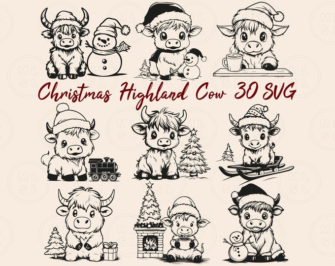 Highland Cow Holiday Outline Bundle SVG PNG Pdf and Dxf Files Laser and ...