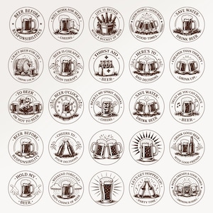 May include: A collection of brown circular designs with beer-related illustrations and text. Each design features a beer mug or related imagery, with phrases like "Beer Before Responsibilities" and "Drink Beer".