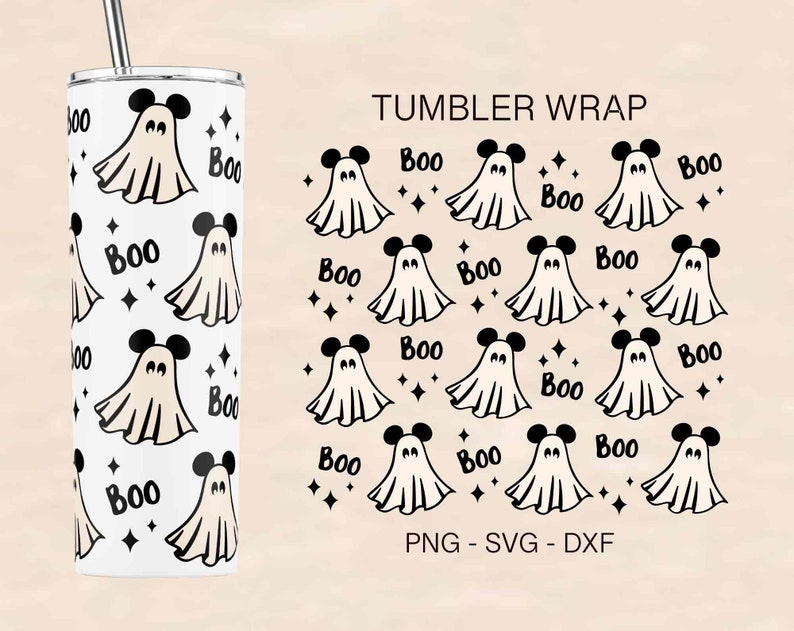 May include: A white tumbler with a black and white pattern of ghosts with Mickey Mouse ears and the word "Boo" repeated. The tumbler is designed for a Halloween theme.