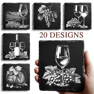 May include: Set of six black slate coasters with white illustrations of wine glasses, bottles, and grapes. The coasters feature a variety of designs, including a single wine glass, a bottle of wine with two glasses, and a bunch of grapes with two glasses. The coasters are perfect for adding a touch of elegance to any home bar or dining table.