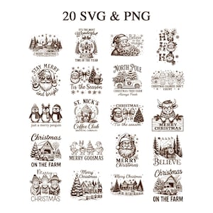May include: A collection of 20 SVG and PNG Christmas-themed designs in a sepia tone. The designs include Santa Claus, snow globes, penguins, and festive text such as "Merry Christmas" and "Believe in the magic."
