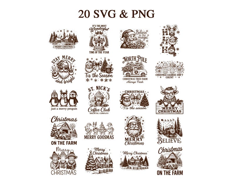 May include: A collection of 20 SVG and PNG Christmas-themed designs in a sepia tone. The designs include Santa Claus, snow globes, penguins, and festive text such as "Merry Christmas" and "Believe in the magic."