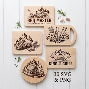 May include: A collection of wooden cutting boards with engraved barbecue-themed designs. The boards feature images of a steak, burger, ribs, and grilling tools, with text that reads "BBQ Master" and "King of the Grill".