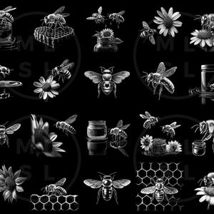 May include: Black and white illustrations of bees, honeycombs, sunflowers, and daisies. The images include bees flying, collecting nectar, and interacting with honey jars. The artwork is detailed and has a vintage aesthetic.