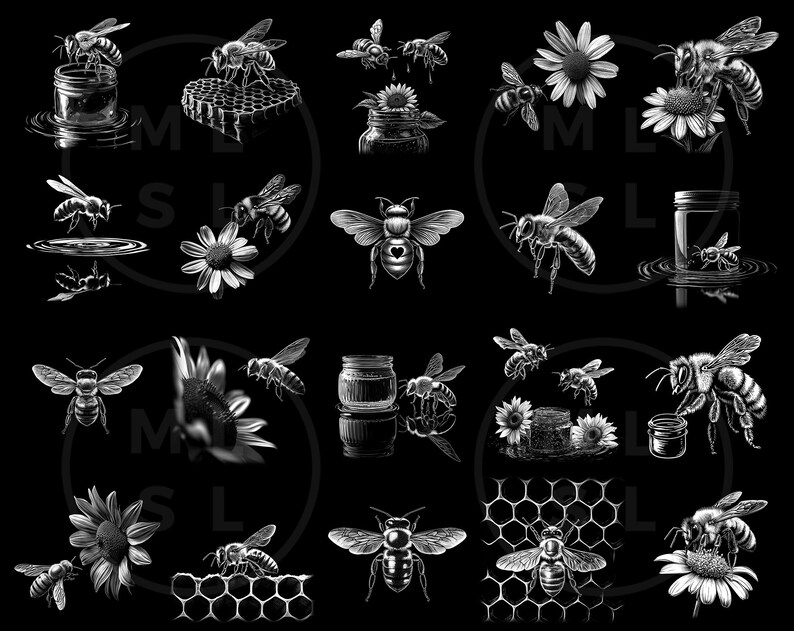May include: Black and white illustrations of bees, honeycombs, sunflowers, and daisies. The images include bees flying, collecting nectar, and interacting with honey jars. The artwork is detailed and has a vintage aesthetic.