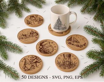 50 Christmas Coaster SVG Bundle, Laser Engraving Files, Merry Christmas Designs, Glowforge xTool CNC Cut, Wooden Holiday Decor Svg