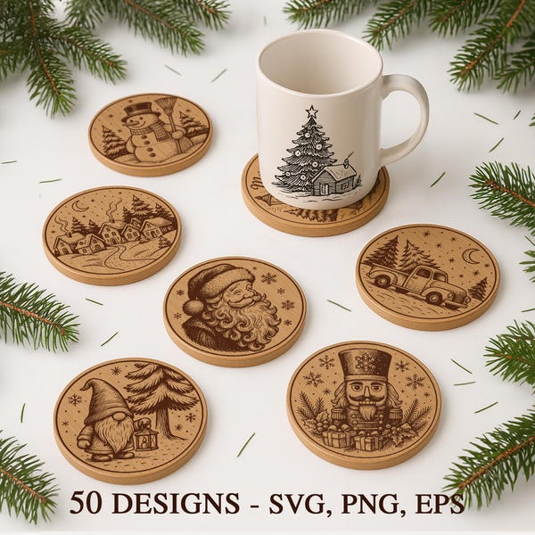 50 Christmas Coaster SVG Bundle, Laser Engraving Files, Merry Christmas Designs, Glowforge xTool CNC Cut, Wooden Holiday Decor Svg