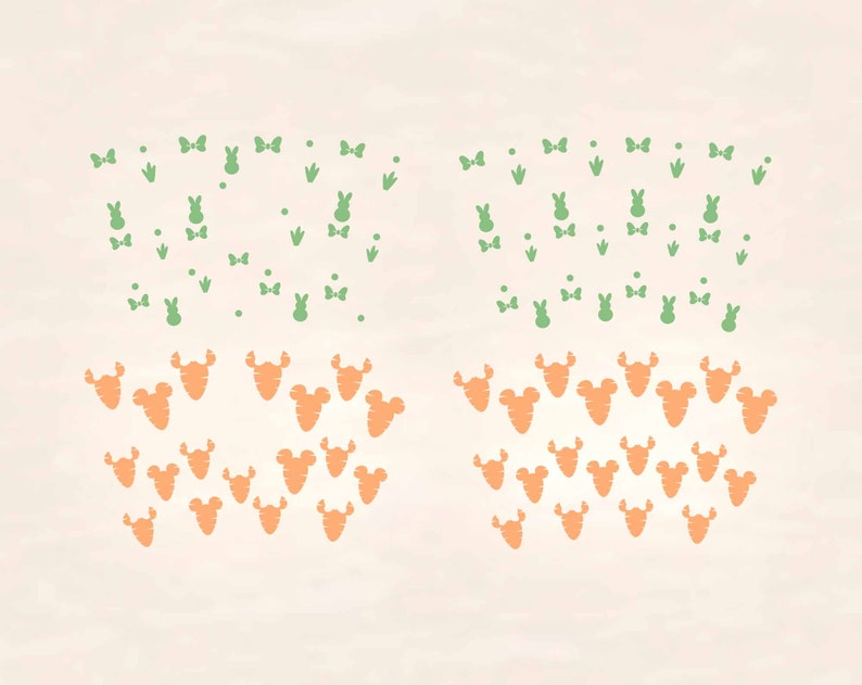 Pode incluir: Ilustra&ccedil;&atilde;o digital com duas se&ccedil;&otilde;es tem&aacute;ticas de P&aacute;scoa. A se&ccedil;&atilde;o superior apresenta silhuetas de coelhos verdes, la&ccedil;os e grama. A se&ccedil;&atilde;o inferior tem ilustra&ccedil;&otilde;es de cenouras laranja. O fundo &eacute; bege claro.
