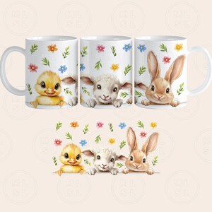 May include: Set of three white ceramic mugs with a floral design and animal faces. The mugs feature a chick, a lamb, and a bunny rabbit.