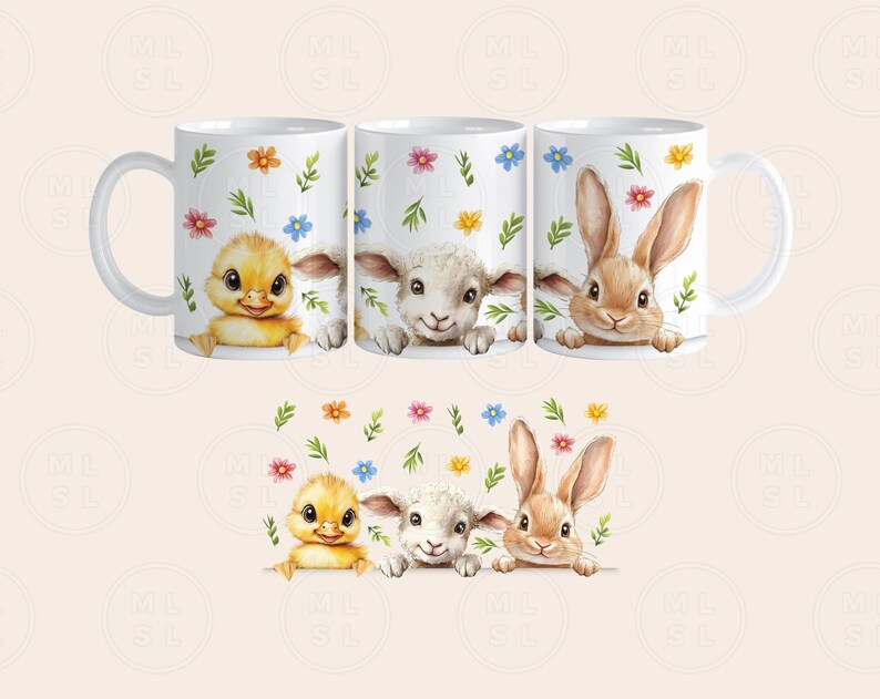 May include: Set of three white ceramic mugs with a floral design and animal faces. The mugs feature a chick, a lamb, and a bunny rabbit.