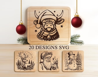Paquete de grabados de tablas de cortar navideñas (SVG), Santa Claus y reno (SVG), tabla de cocina navideña (SVG), charcutería navideña (SVG), archivo Glowforge