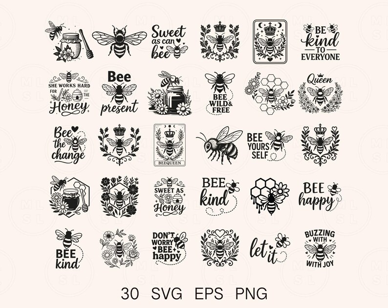 May include: A collection of 30 black and white bee-themed designs. The designs include bees, honeycombs, floral elements, and text such as "Sweet as can bee", "Bee kind", and "Bee happy". The image also includes the text "30 SVG EPS PNG".