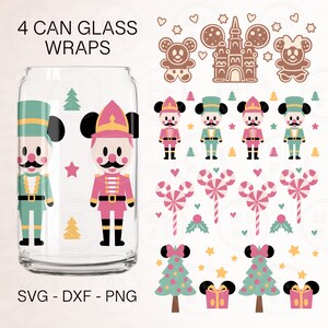 Puede incluir: Cuatro diseños imprimibles para envolver recipientes de bebidas de vidrio de 4 latas. Los diseños presentan un cascanueces con un sombrero rosa y verde, un bastón de caramelo, un árbol de Navidad con un lazo y una casa de jengibre con personajes de Mickey Mouse.
