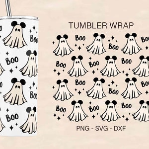 May include: A white tumbler with a black and white pattern of ghosts with Mickey Mouse ears and the word "Boo" repeated. The tumbler is designed for a 20 oz beverage.  The text "Tumbler Wrap" and "PNG - SVG - DXF" are also included in the image.