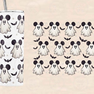 Peut inclure: Un gobelet blanc avec un motif de chauves-souris noires et de fant&ocirc;mes blancs avec des oreilles de Mickey Mouse. Les fant&ocirc;mes sont dans diff&eacute;rentes poses.