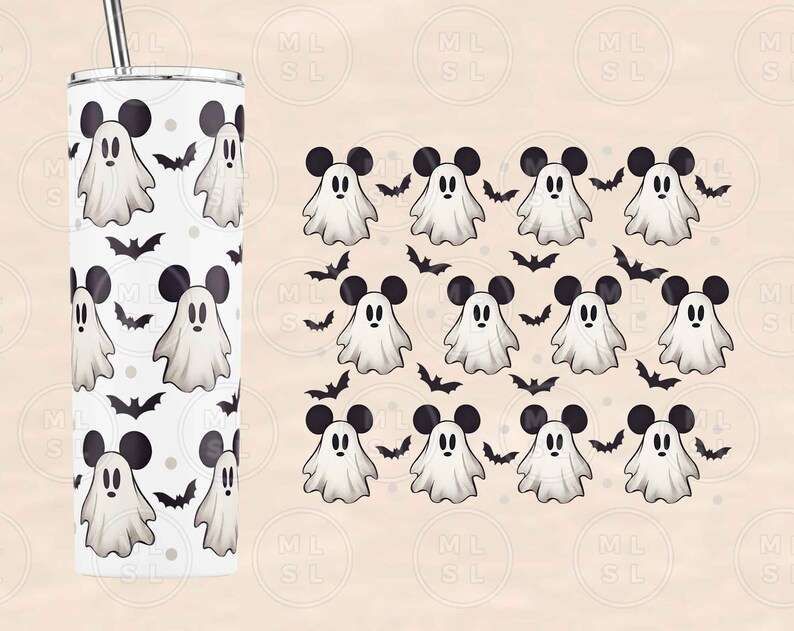Peut inclure: Un gobelet blanc avec un motif de chauves-souris noires et de fant&ocirc;mes blancs avec des oreilles de Mickey Mouse. Les fant&ocirc;mes sont dans diff&eacute;rentes poses.