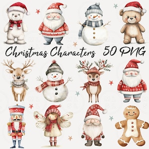May include: A set of 50 watercolor Christmas character illustrations. The characters include a snowman, a reindeer, a gingerbread man, a nutcracker, a fairy, a Santa Claus, a bear, a penguin, and more. The illustrations are perfect for creating festive crafts, cards, and decorations.