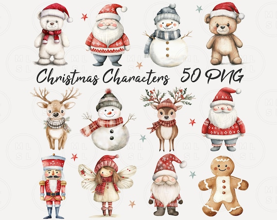 50 Christmas Characters Png, Christmas Clipart, Watercolor Cute Christmas Characters Png, Christmas Decor Png, Scrapbooking Png, Vintage Png