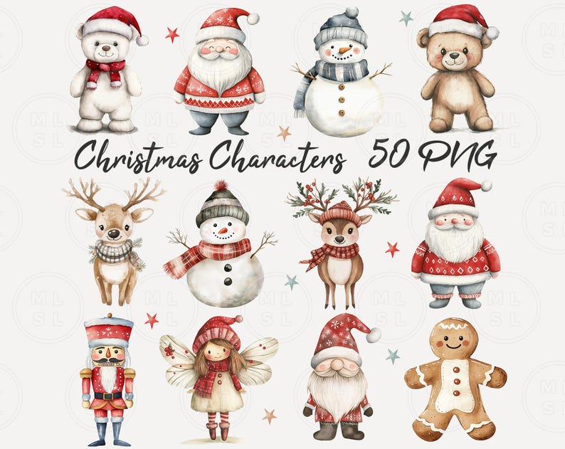 May include: A set of 50 watercolor Christmas character illustrations. The characters include a snowman, a reindeer, a gingerbread man, a nutcracker, a fairy, a Santa Claus, a bear, a penguin, and more. The illustrations are perfect for creating festive crafts, cards, and decorations.