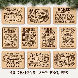 May include: A collection of nine wooden Christmas-themed signs with various festive phrases and illustrations. The signs feature phrases like "Merry Christmas," "Baked with Love," and "Hot Cocoa." The bottom of the image reads "40 DESIGNS - SVG, PNG, EPS."