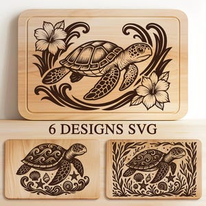 May include: Light brown wooden chopping board featuring a laser-etched sea turtle design, with hibiscus flowers and flowing lines. The board is rectangular. Below are two more boards with turtle designs. Text: 6 DESIGNS SVG.