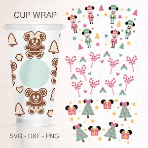 May include: A digital design for a cup wrap featuring a pattern of gingerbread cookies with a Mickey Mouse head and a candy cane pattern. The text "CUP WRAP" is at the top of the design.