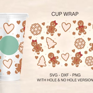 May include: A clear plastic cup with a lid, decorated with a gingerbread-themed design. The wrap features gingerbread people, hearts, snowflakes, and trees in brown and white. The text "CUP WRAP" and file type information are also visible.