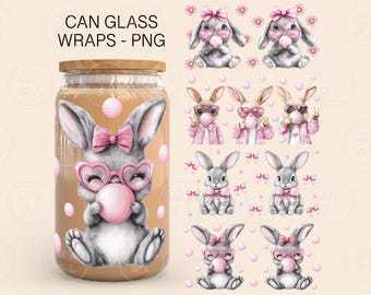 Easter Bunny Libbey Glass Can Wrap PNG, Easter Bunnies Can Glass Png, Pink Bunny, 16oz Libbey Wrap, File For Cricut, Easter Wrap Template