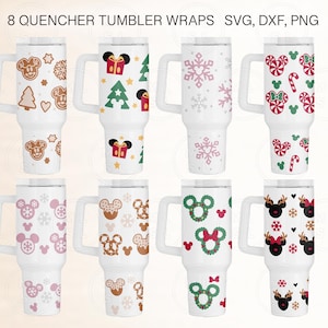 Pode incluir: Oito envoltórios de copo brancos com vários desenhos de Natal com Mickey Mouse e Minnie Mouse. Os desenhos incluem flocos de neve, bengalas de doces, renas, coroas e homens de gengibre.