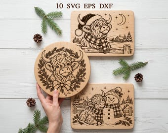Christmas Highland Cow Cutting Board SVG Bundle, Cozy Winter Cow Designs, Laser Engraving Files, Wooden Coasters, Glowforge xTool, Dxf Eps