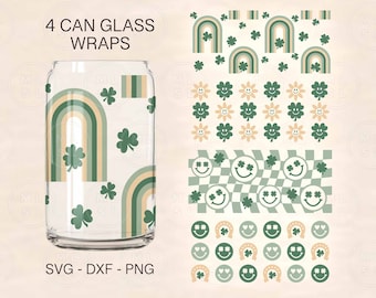 May include: Four green and white can wraps with a rainbow, shamrock, and smiley face design. The wraps are designed for 4-can glass containers. The text "4 CAN GLASS WRAPS" is at the top of the image.