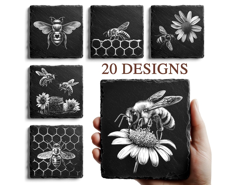 May include: Set of black slate coasters with white engraved bee and flower designs. The coasters feature various bee illustrations, honeycomb patterns, and floral elements. The text "20 DESIGNS" is also visible.