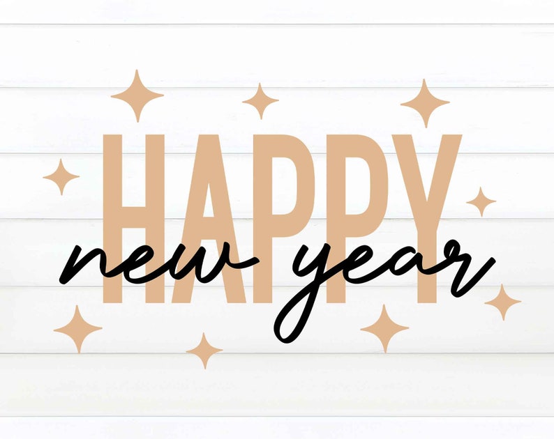 May include: A festive New Year's design on a white background. The words "HAPPY" and "new year" are displayed in a combination of tan and black fonts, with starburst accents. The design is suitable for holiday decor.