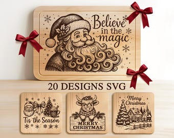 Christmas Cutting Board Engraving File, Santa Claus Svg Bundle, Farmhouse Kitchen Board Svg, Xmas Charcuterie, Christmas Svg, Glowforge File