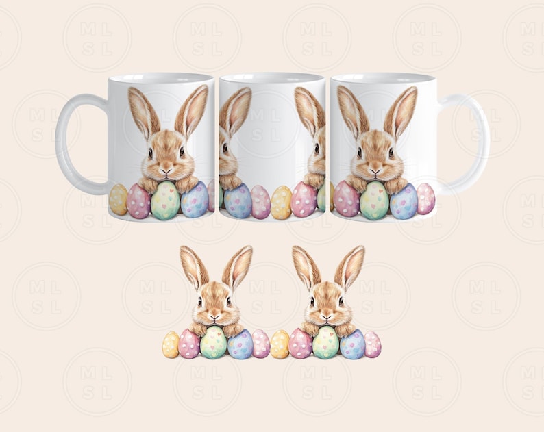 May include: Set of four white ceramic mugs with a brown bunny rabbit holding colorful Easter eggs. The mugs have a handle on the right side.
